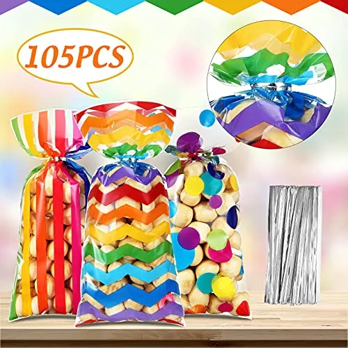 105 Pieces Rainbow Cellophane Treat Bags, Polka Dot Stripes Printed Pattern Goodie Candy Favor Bags with Twist Ties for Pride Day Kids School Lunches Baby Shower Birthday Party Supplies