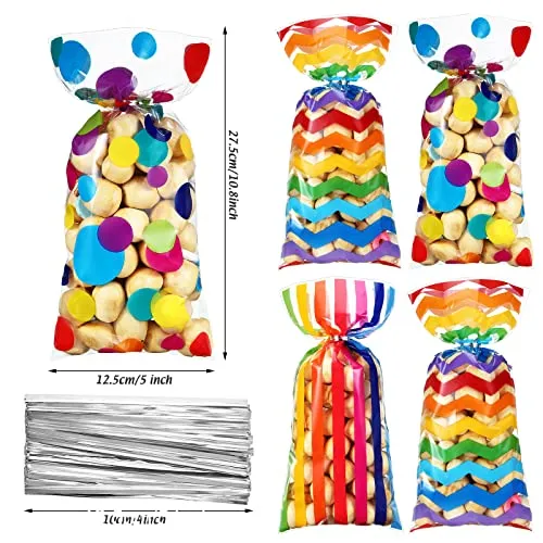 105 Pieces Rainbow Cellophane Treat Bags, Polka Dot Stripes Printed Pattern Goodie Candy Favor Bags with Twist Ties for Pride Day Kids School Lunches Baby Shower Birthday Party Supplies