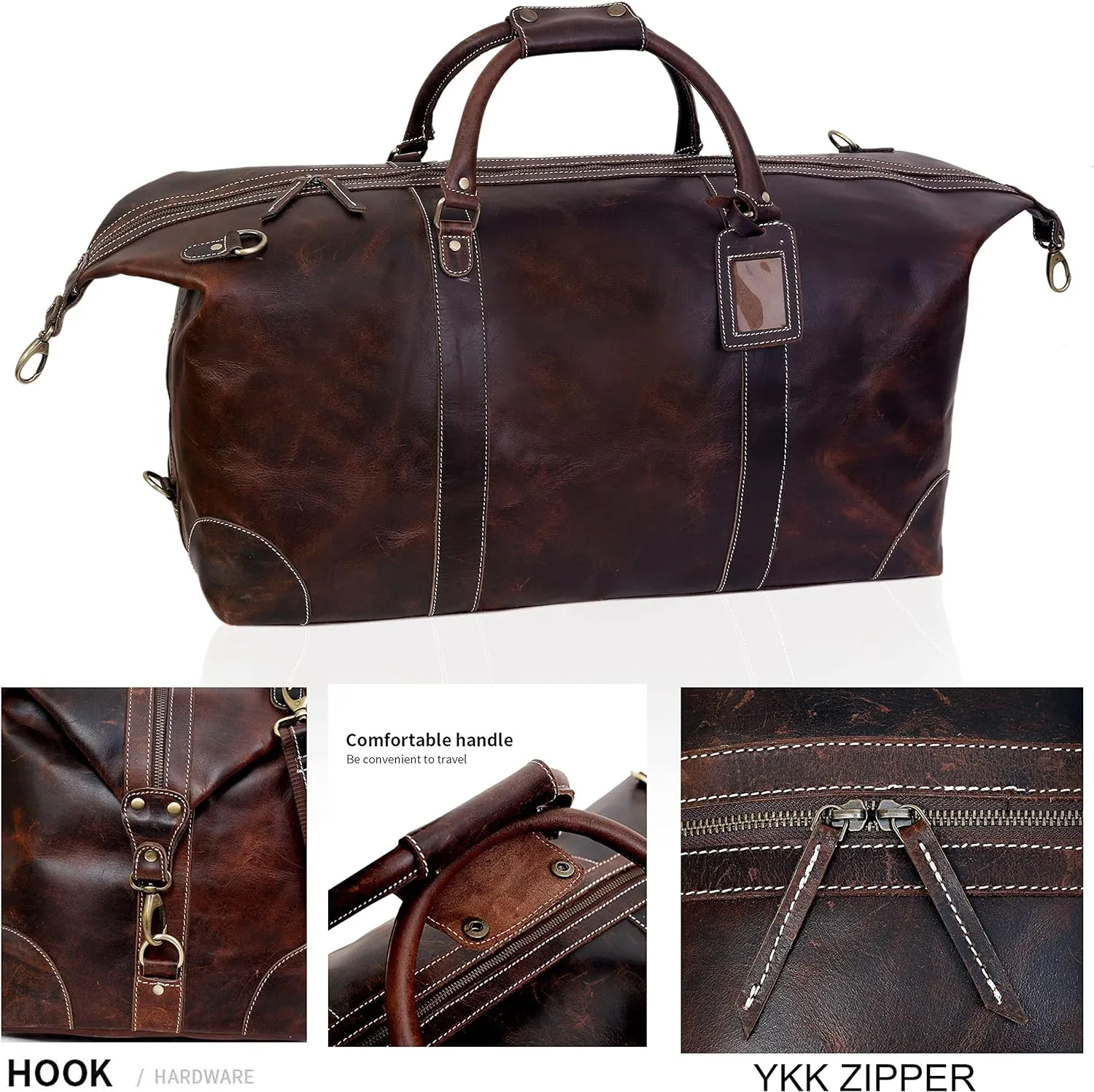 24" Classic Retro Brown Buffalo Leather Travel Duffel: The Ultimate Gym, Travel, and Weekend Companion - Vintage Brown Leather Duffel Bag