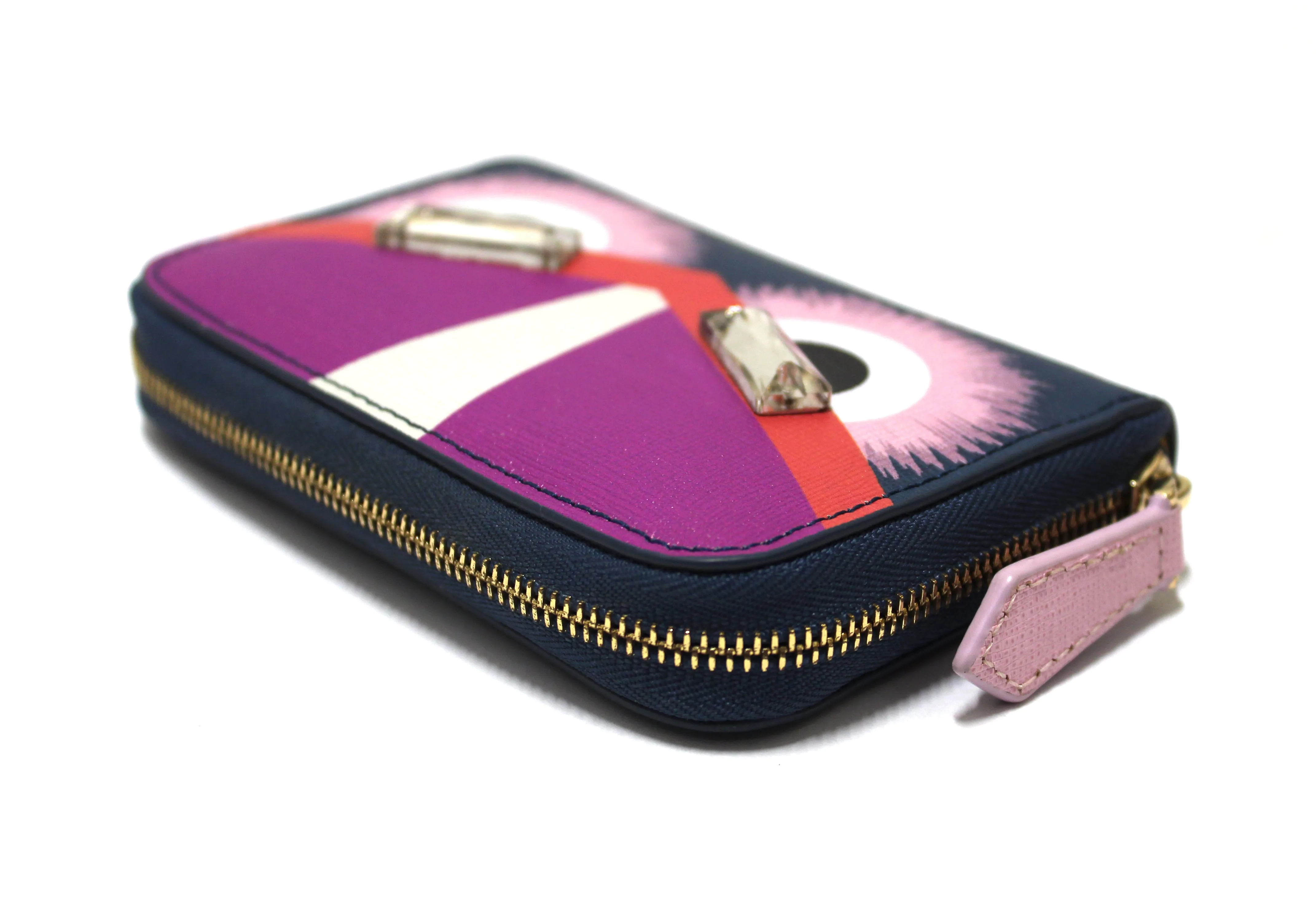 Authentic Rare Fendi Blue/Purple/Pink Leather Monster Eyes Swarovski Crystal Small Zippy Wallet