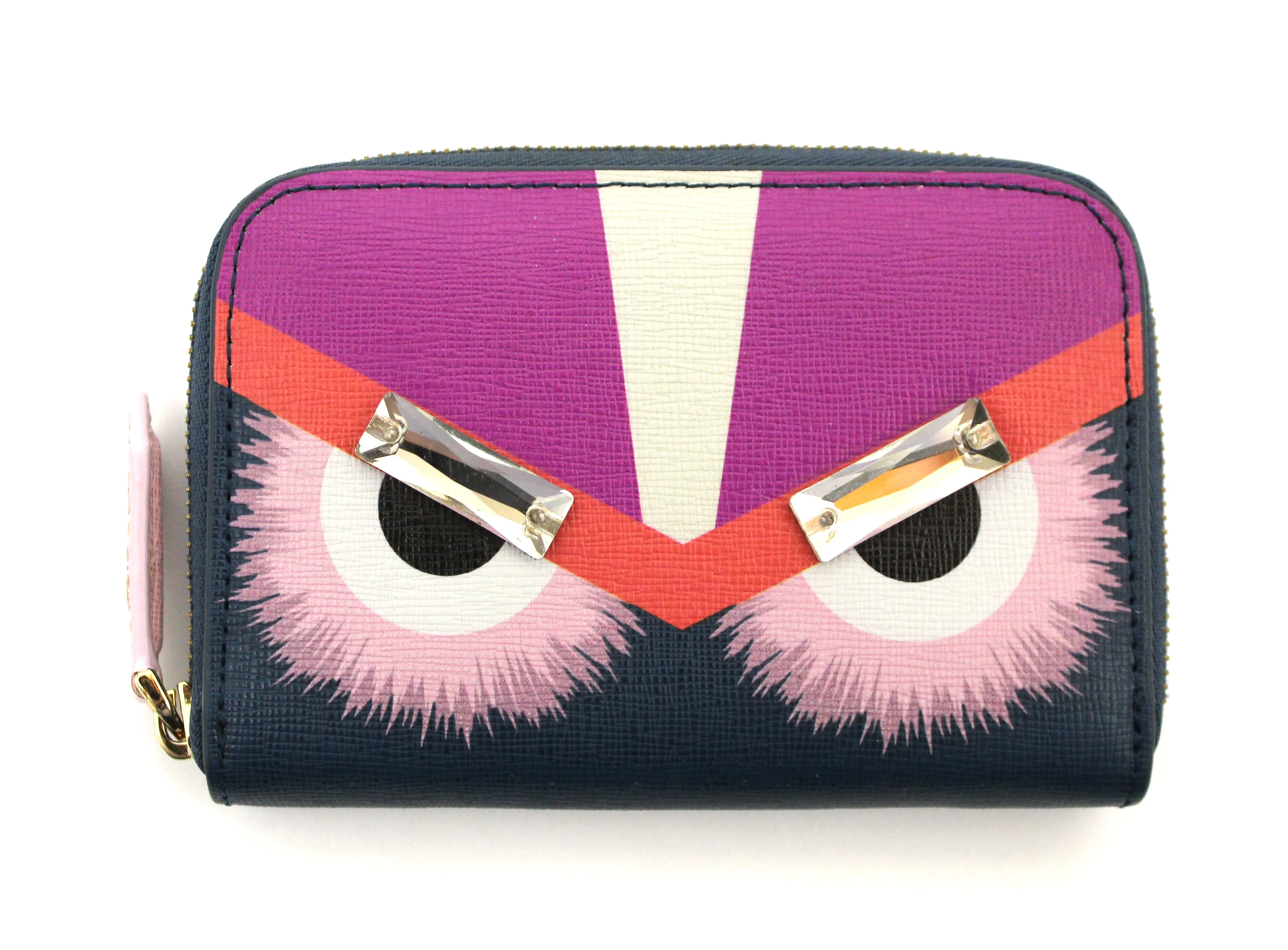 Authentic Rare Fendi Blue/Purple/Pink Leather Monster Eyes Swarovski Crystal Small Zippy Wallet