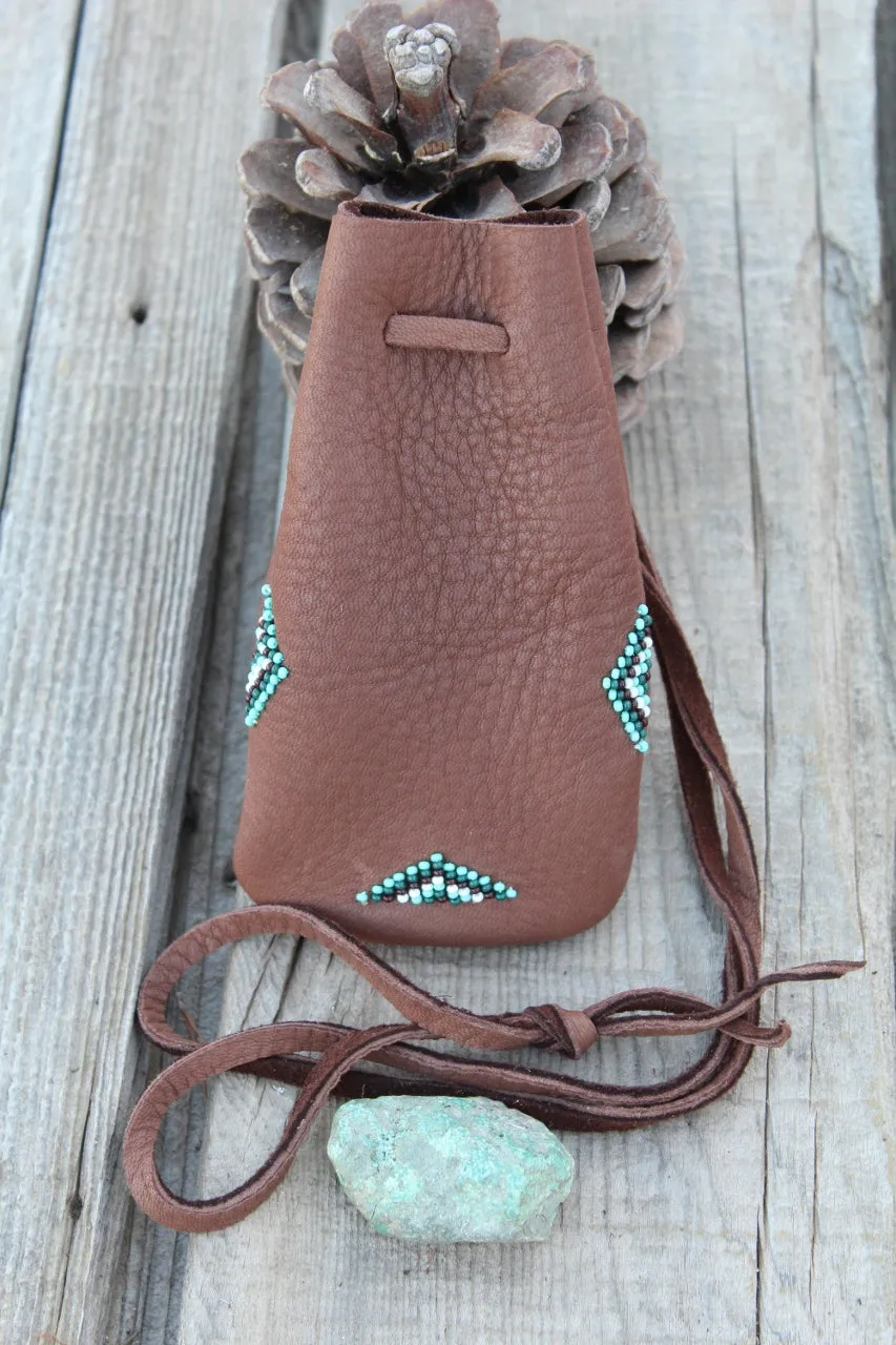 Beaded amulet bag, buckskin leather pouch