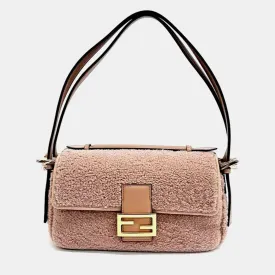 Beige Shearling Multi Baguette Shoulder Bag