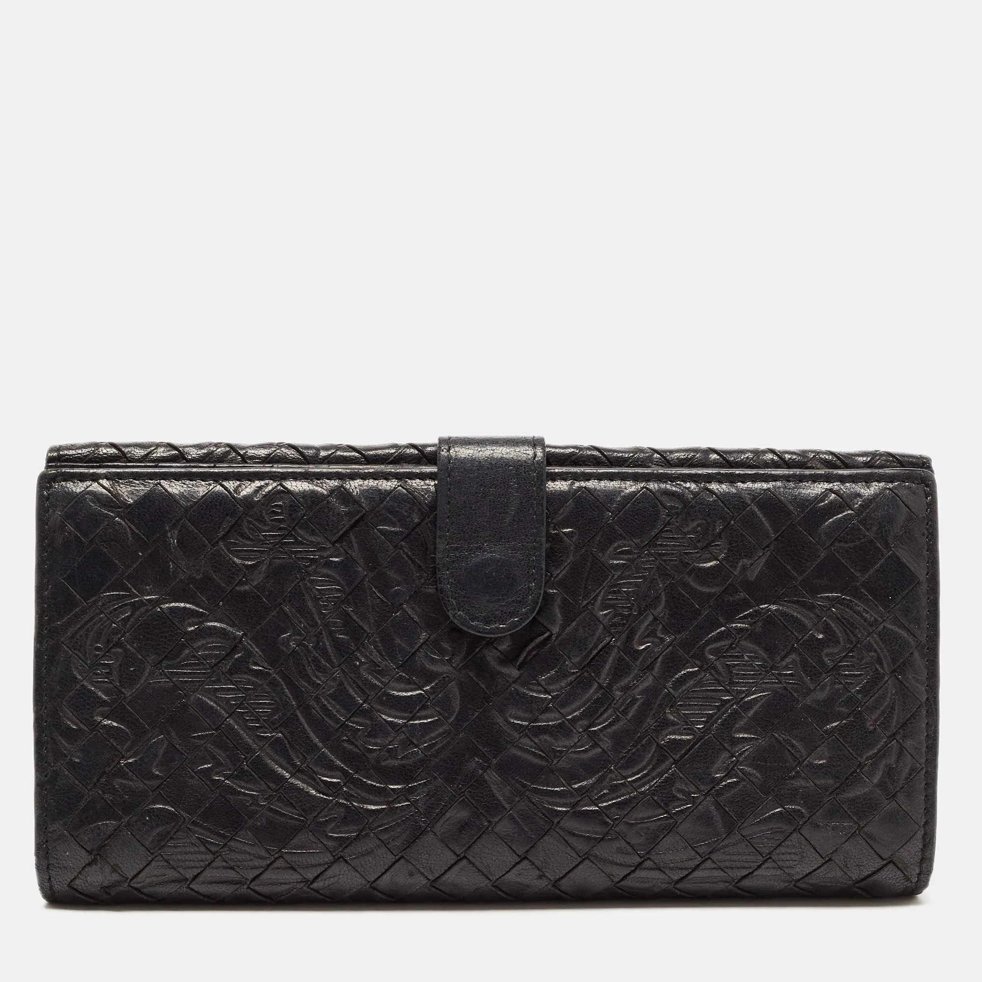 Black Intrecciato Leather Flap Continental Wallet