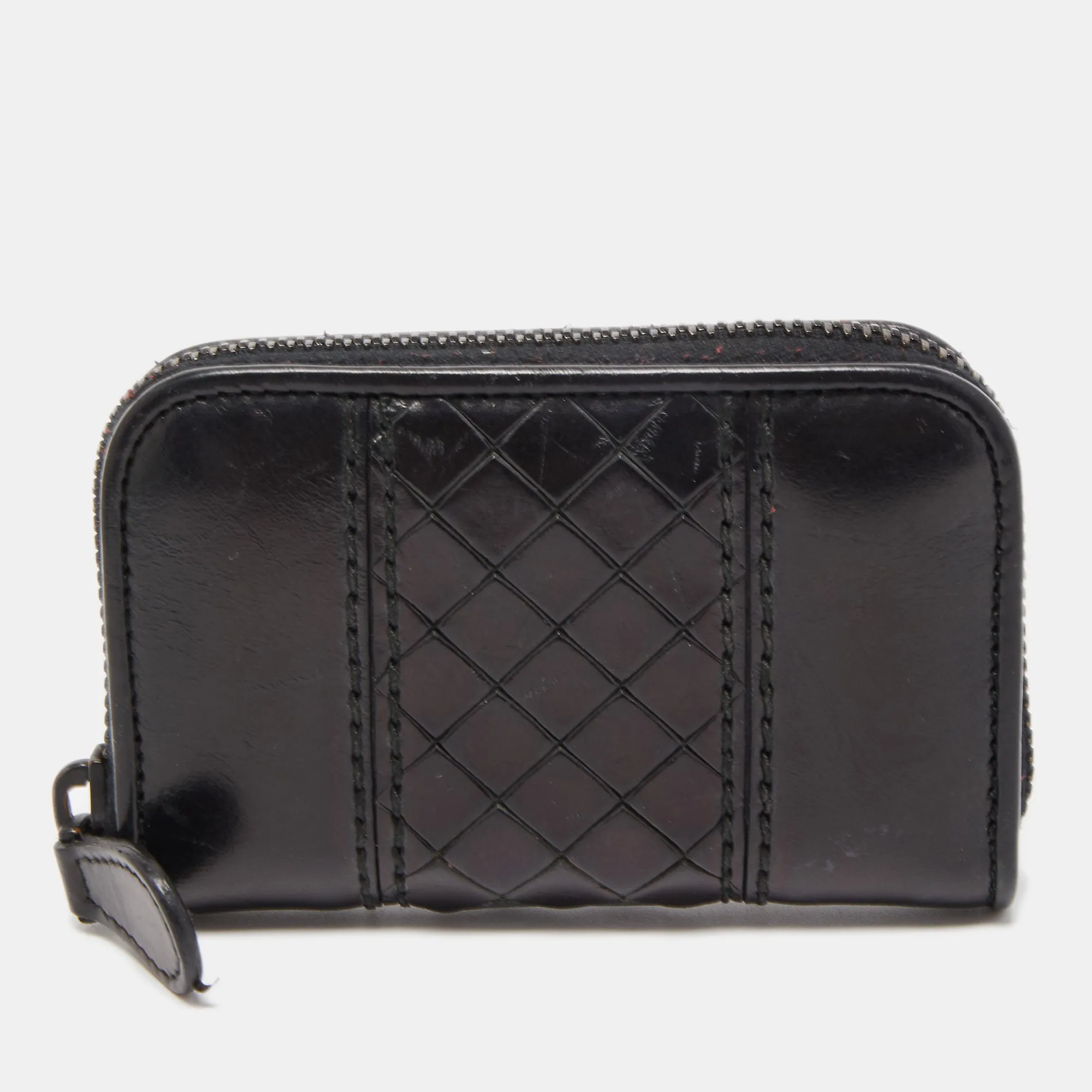 Black Intrecciato Leather Zip Coin Purse