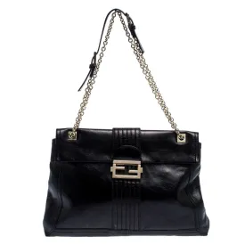 Black Leather Maxi Baguette Flap Shoulder Bag