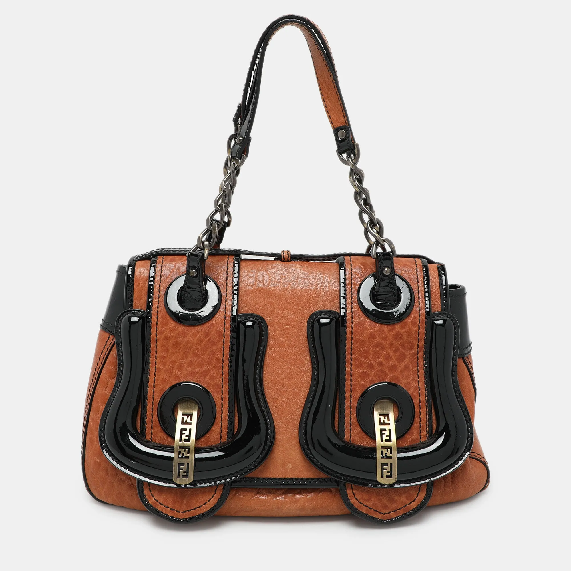 Black/Brown Patent and Leather B Shoulder Bag