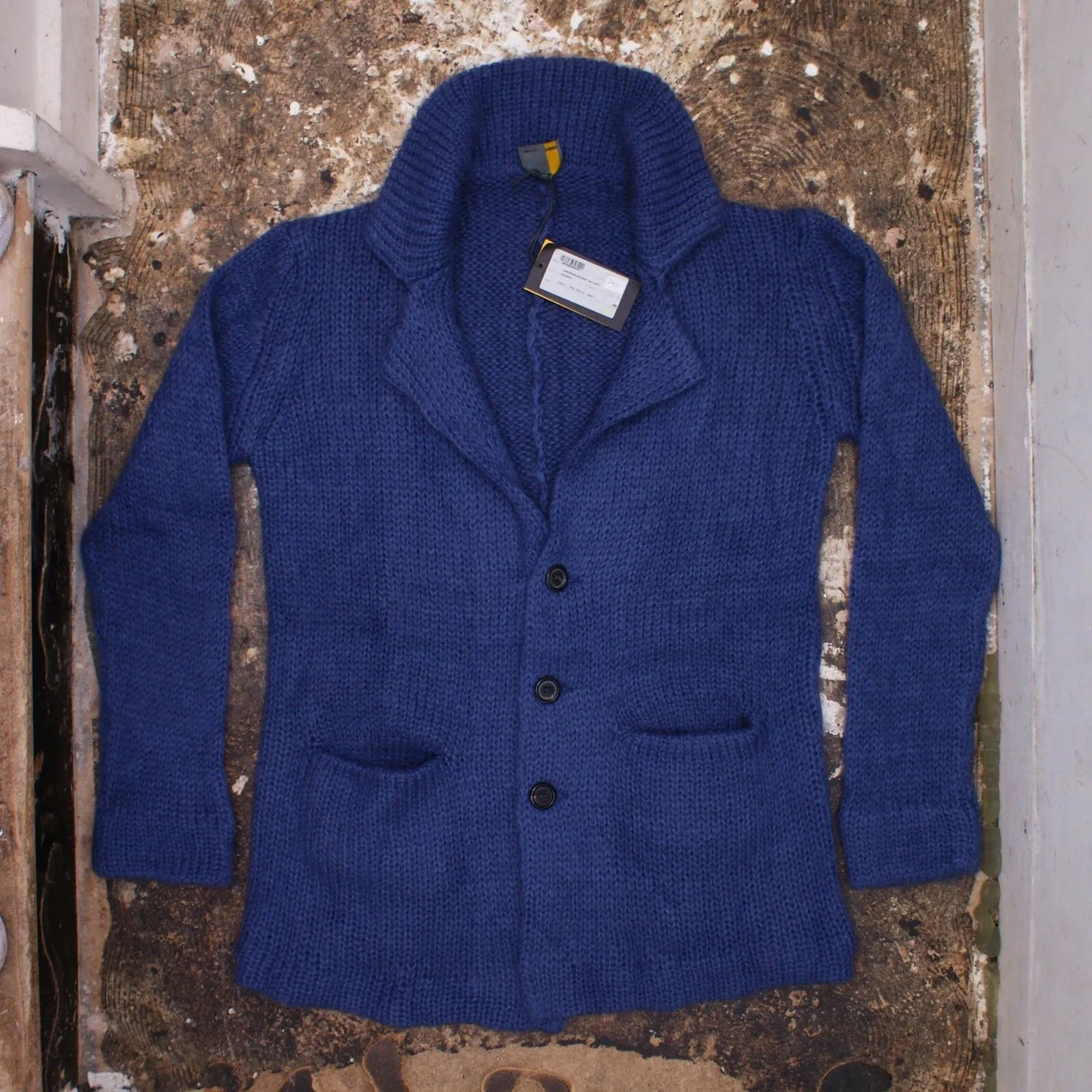 Blue Chunky Knit Mohair Nylon Blend Collared Cardigan