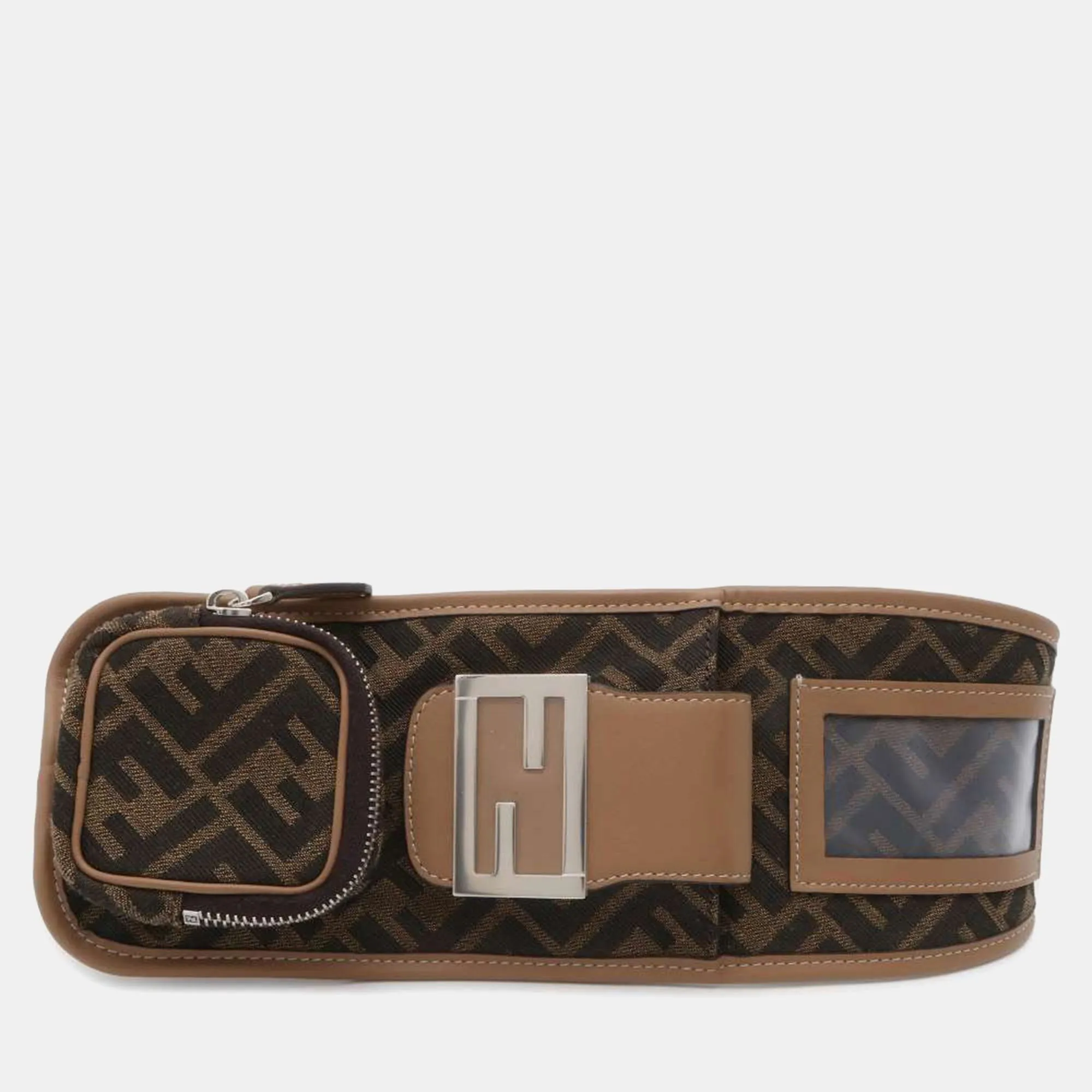 Brown Canvas Leather FF Logo Zucca Pattern Strap