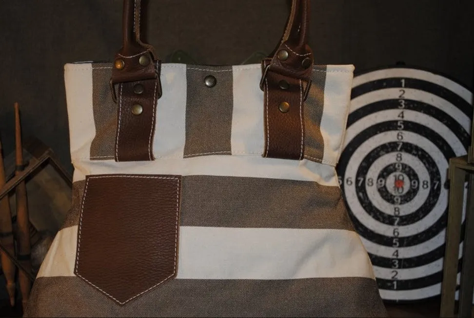 Brown French Stripe Canvas Leather Tote Handbag