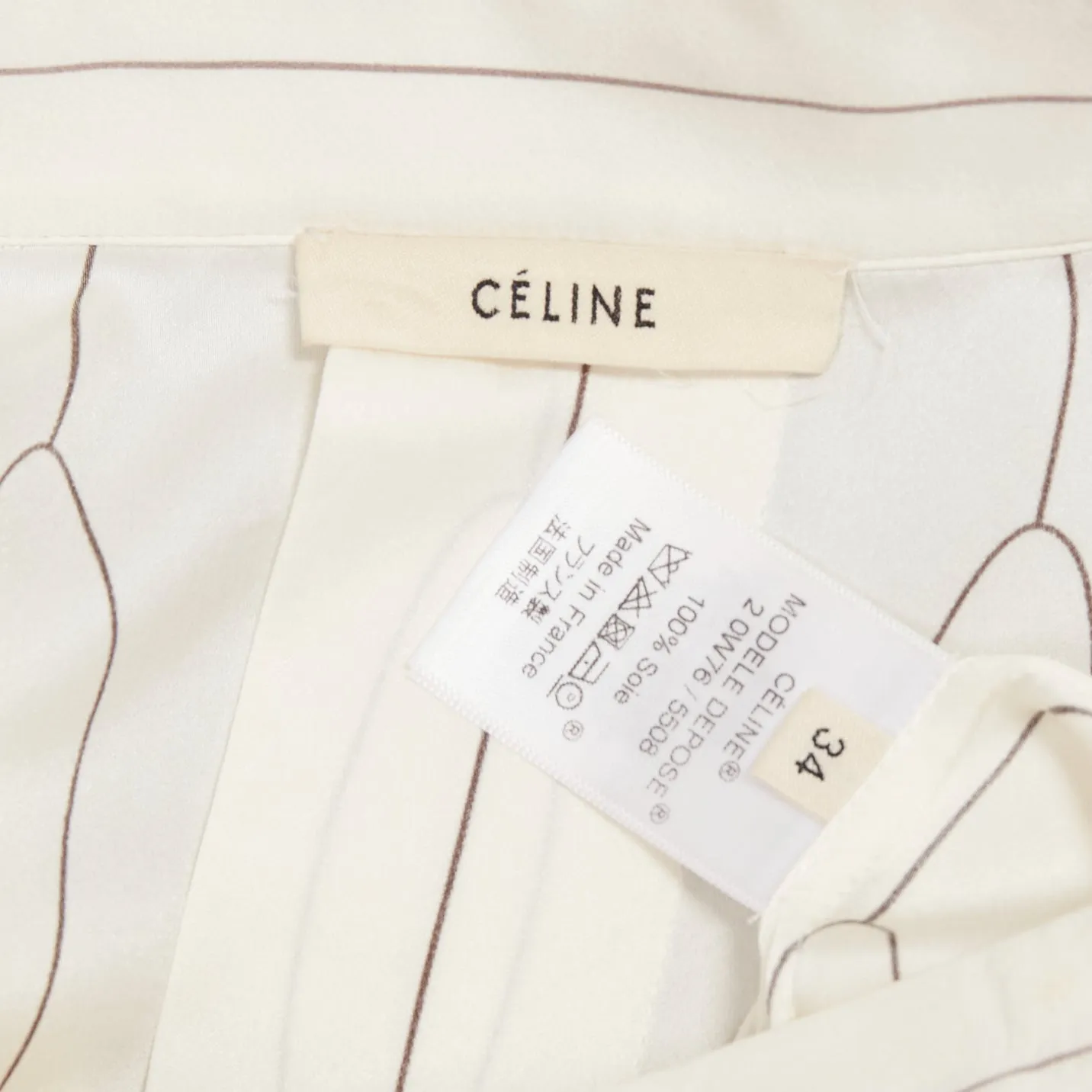 CELINE 100% silk cream oval linear half placket blouse shirt FR34 XS