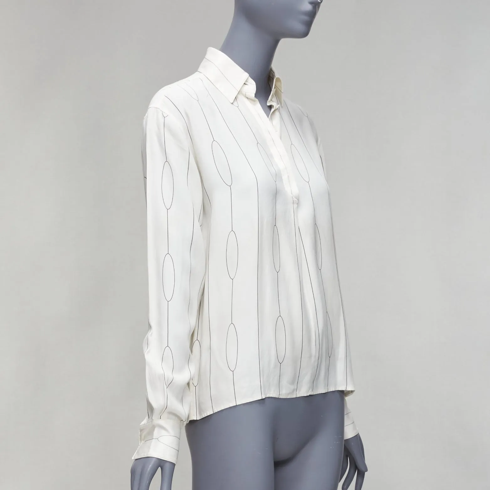 CELINE 100% silk cream oval linear half placket blouse shirt FR34 XS