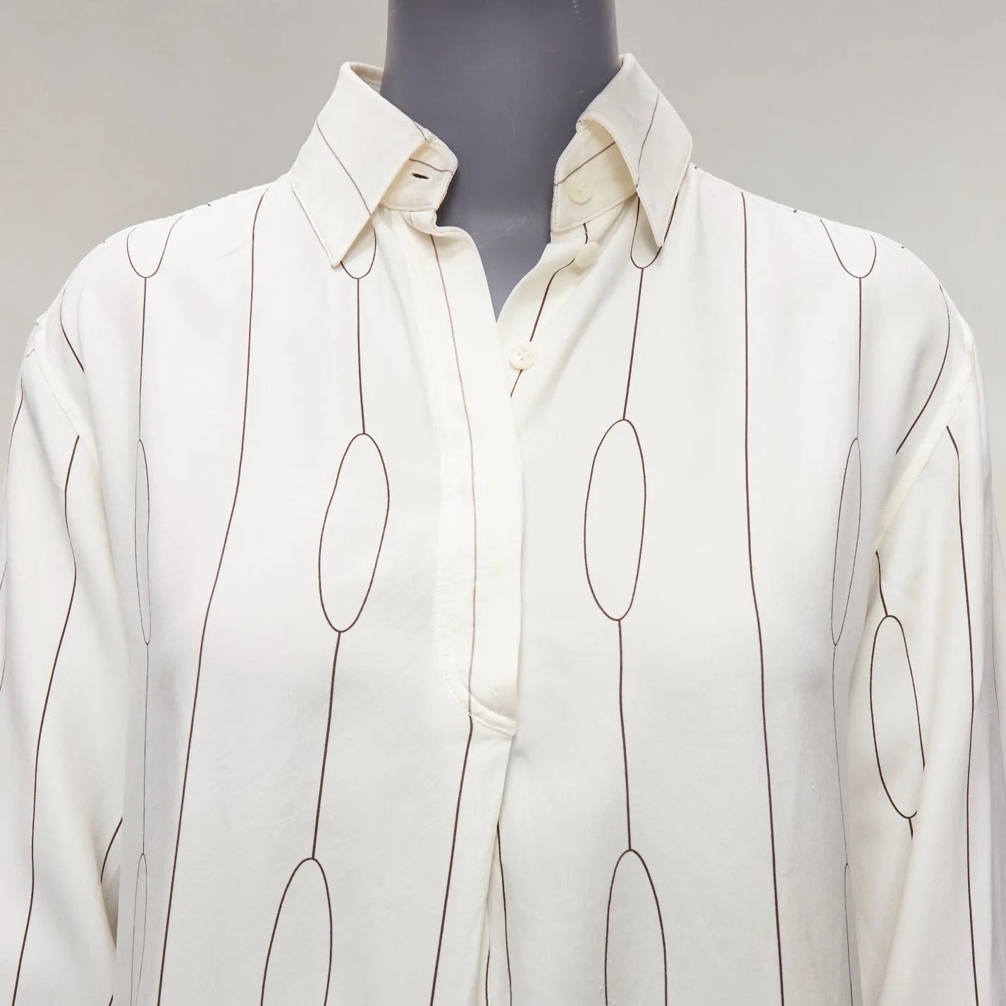 CELINE 100% silk cream oval linear half placket blouse shirt FR34 XS