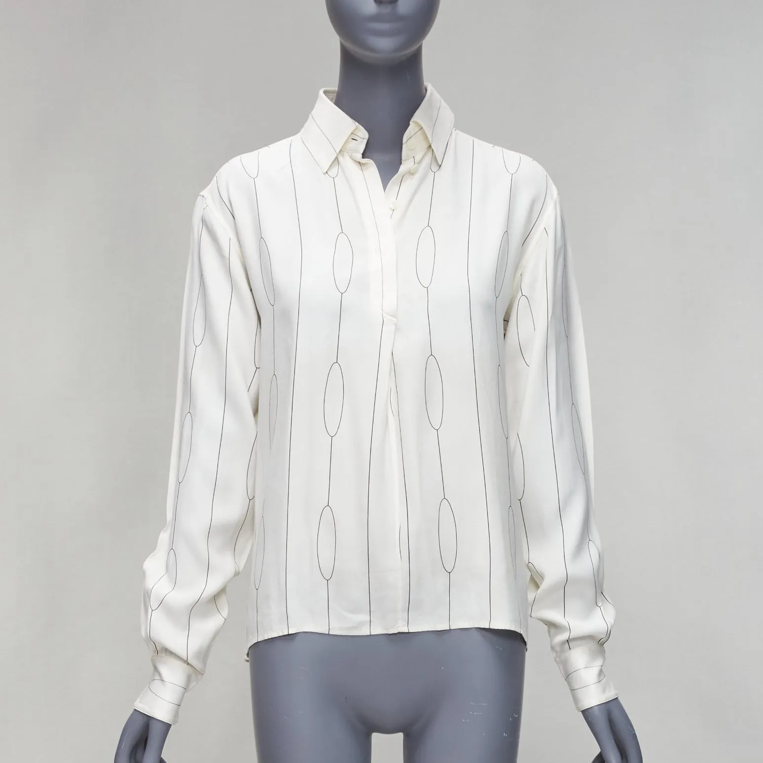 CELINE 100% silk cream oval linear half placket blouse shirt FR34 XS