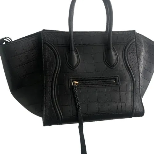 CELINE 
Crocodile Embossed Calfskin Medium Phantom Luggage Black