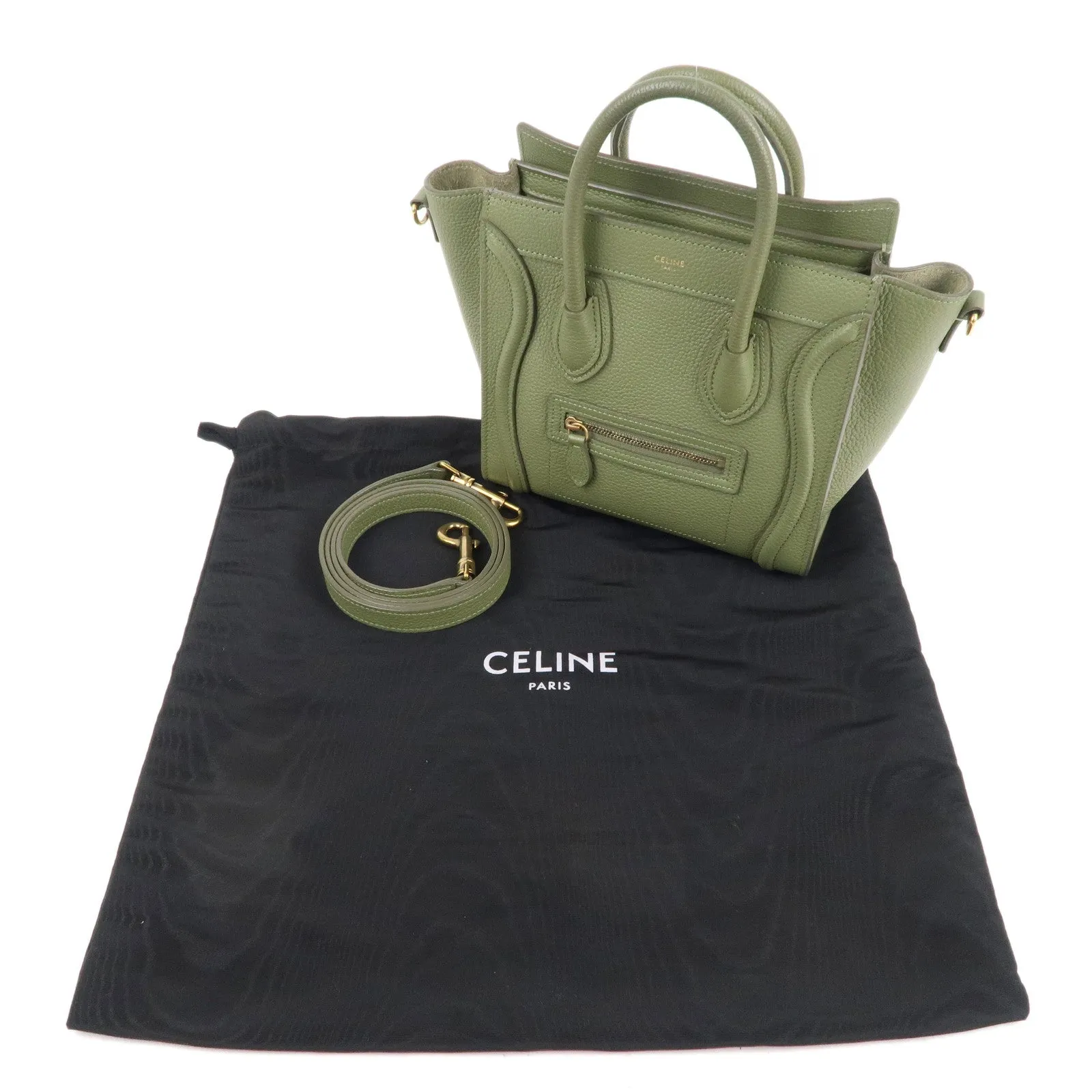 CELINE Leather Luggage Nano Shopper 2Way Bag Khaki 189243