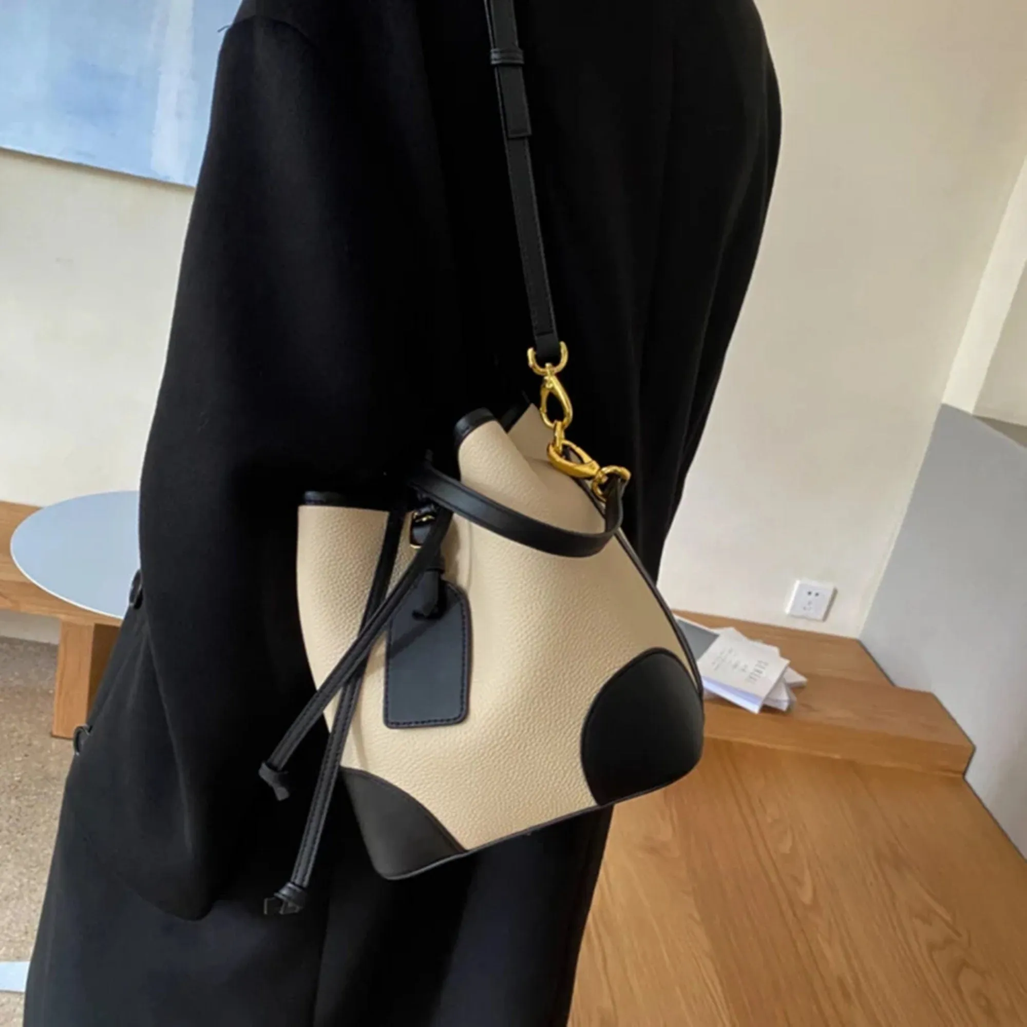 Classic Color Block Leather Bucket Bag Handbag Crossbody Bag Gift for her