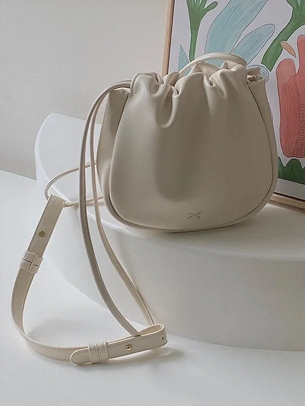 Cute Crossbody Sling Bag, Creamy Vegan Leather Shoukder Bag for Women, Pleated Opening Pouch Bag, Elegant Small Purse, Mininalist Handbag