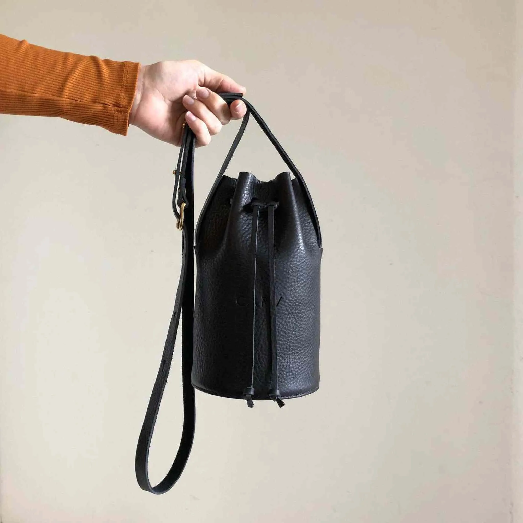 Cylinder Mini Leather Bucket Bag in Black or Natural