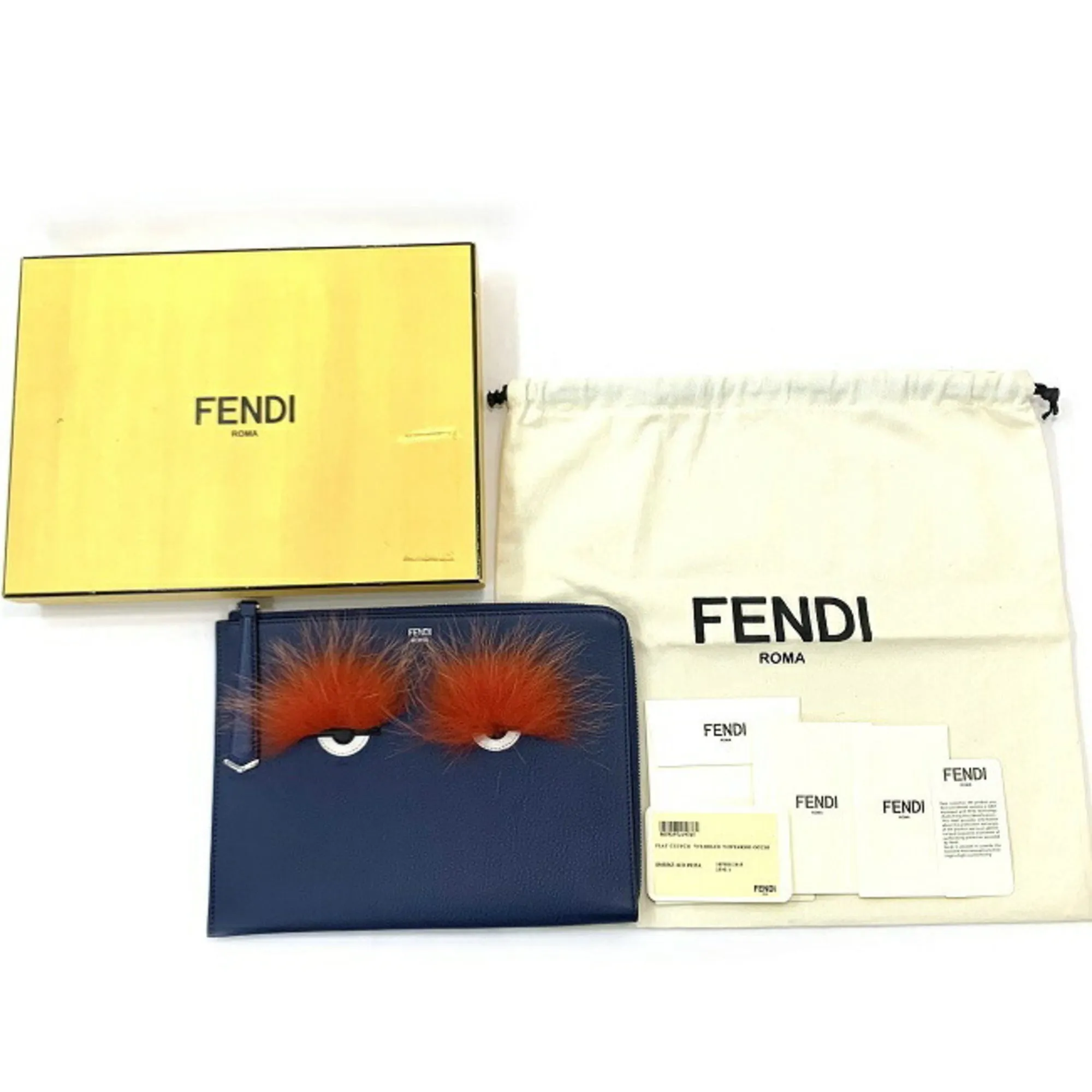 Fendi Clutch Bag Navy Mon 8M0363-41D Leather FENDI Fur Men's Women's Blue