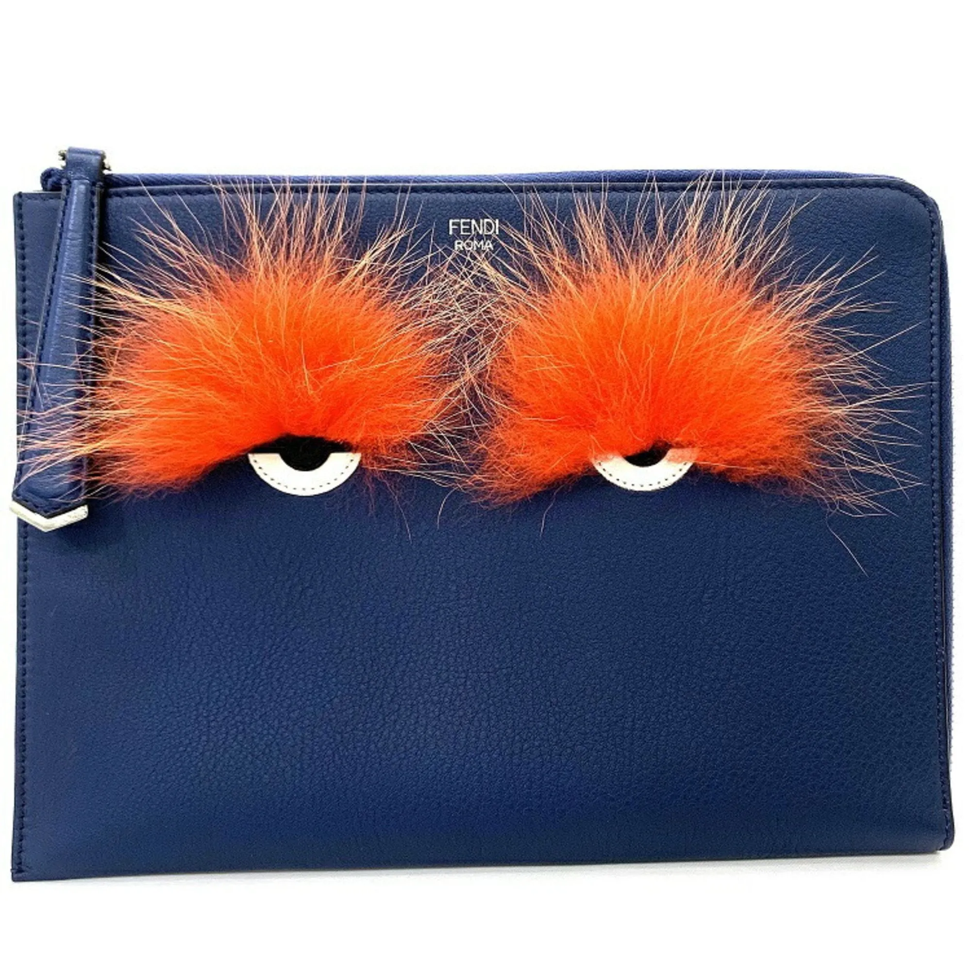 Fendi Clutch Bag Navy Mon 8M0363-41D Leather FENDI Fur Men's Women's Blue