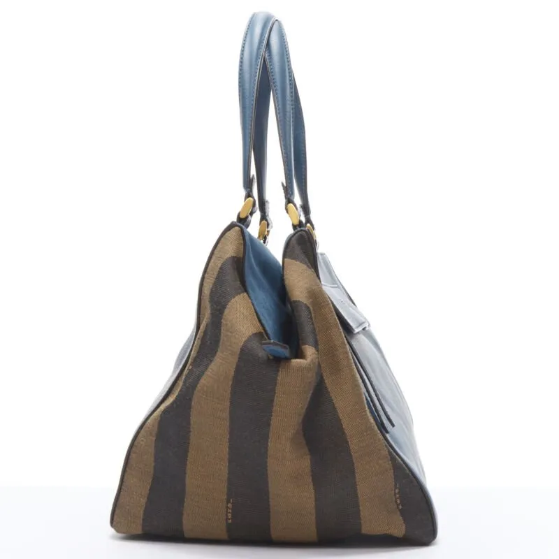 FENDI navy blue leather Penguine stripe canvas flared side tote bag