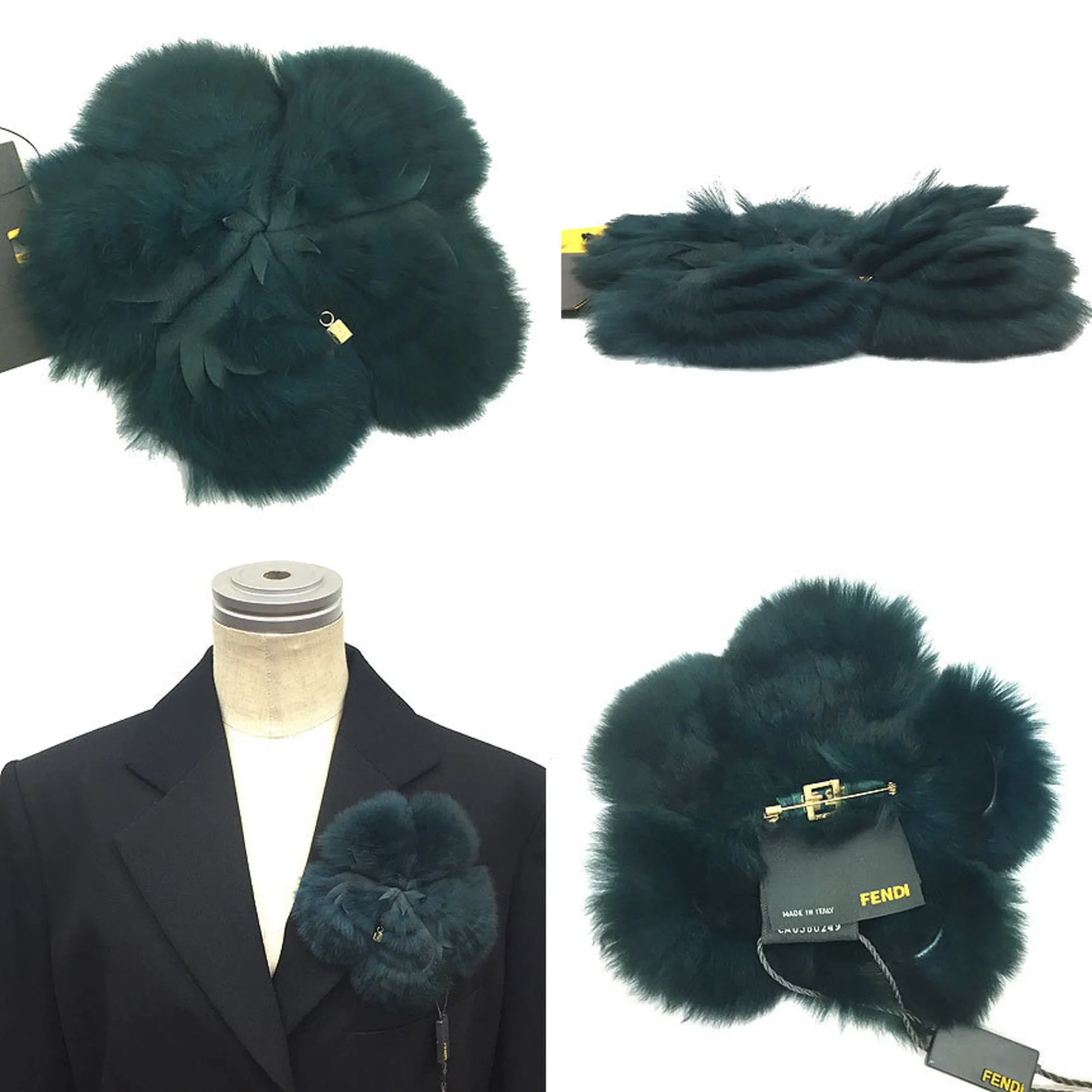 Fendi Rabbit Fur Flower Corsage Brooch Green Women's