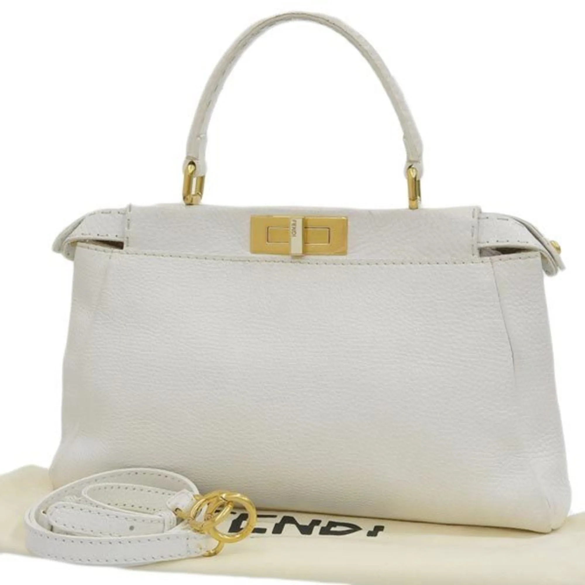 FENDI Selleria Leather Peekaboo Handbag 8BN211 White Ladies