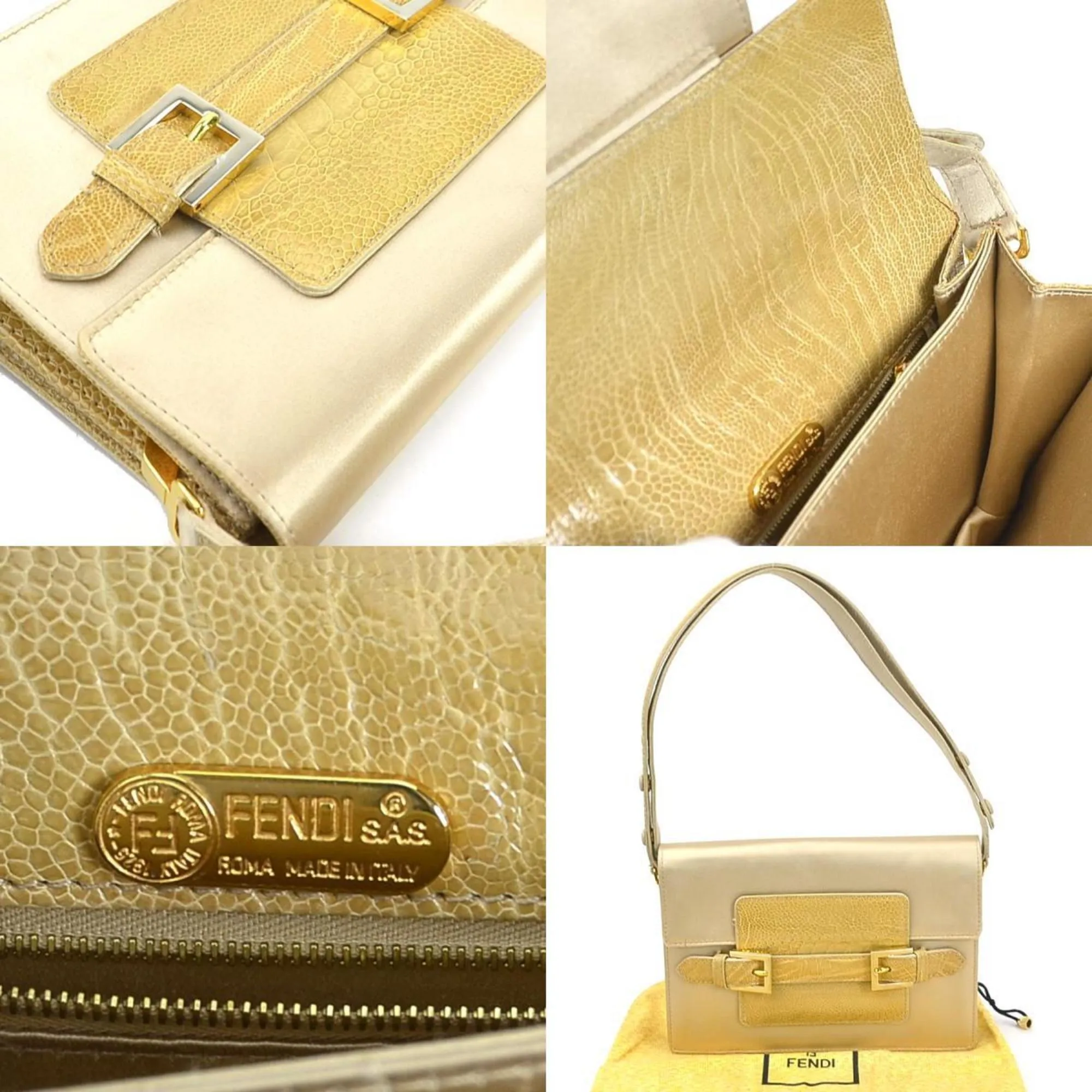 FENDI Shoulder bag satin/embossed leather gold/beige ladies