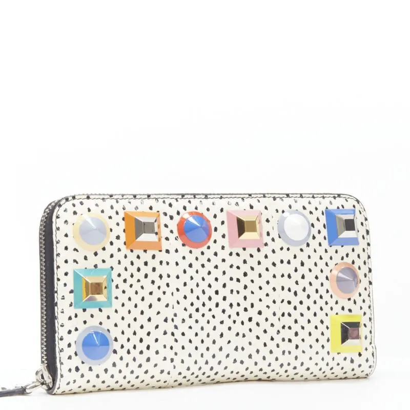 FENDI white dotted scaled leather Rainbow studs long zip continental wallet