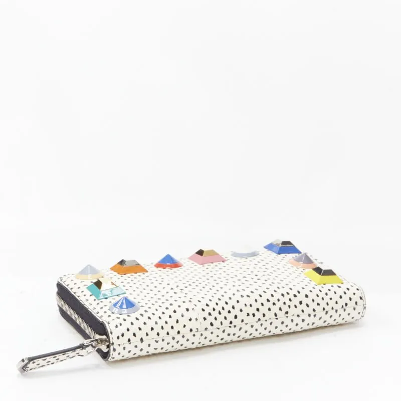 FENDI white dotted scaled leather Rainbow studs long zip continental wallet