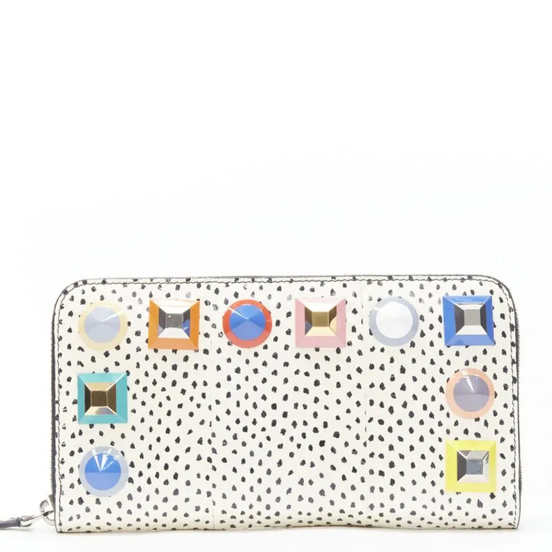 FENDI white dotted scaled leather Rainbow studs long zip continental wallet