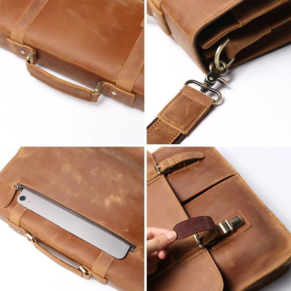 Full Grain Leather Laptop Bag, Men Briefcase Messenger Bag