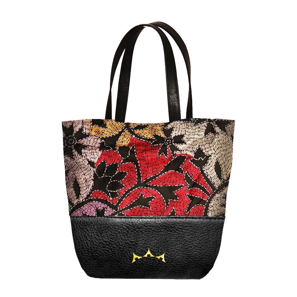 Genuine Leather & Embroidery Tiny Tote - Jet Black