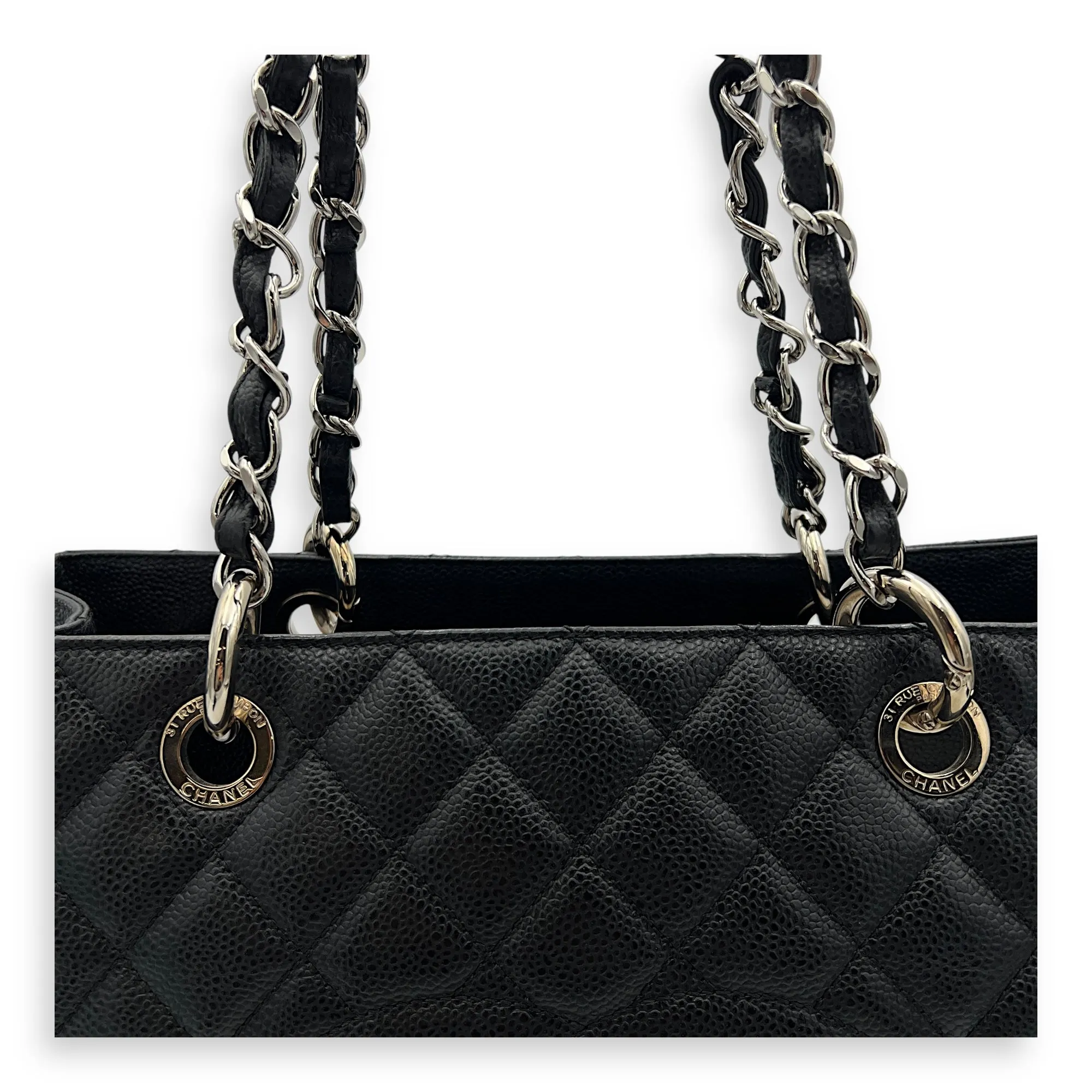 GST Tote Bag Black in Caviar Leather, Silver hardware