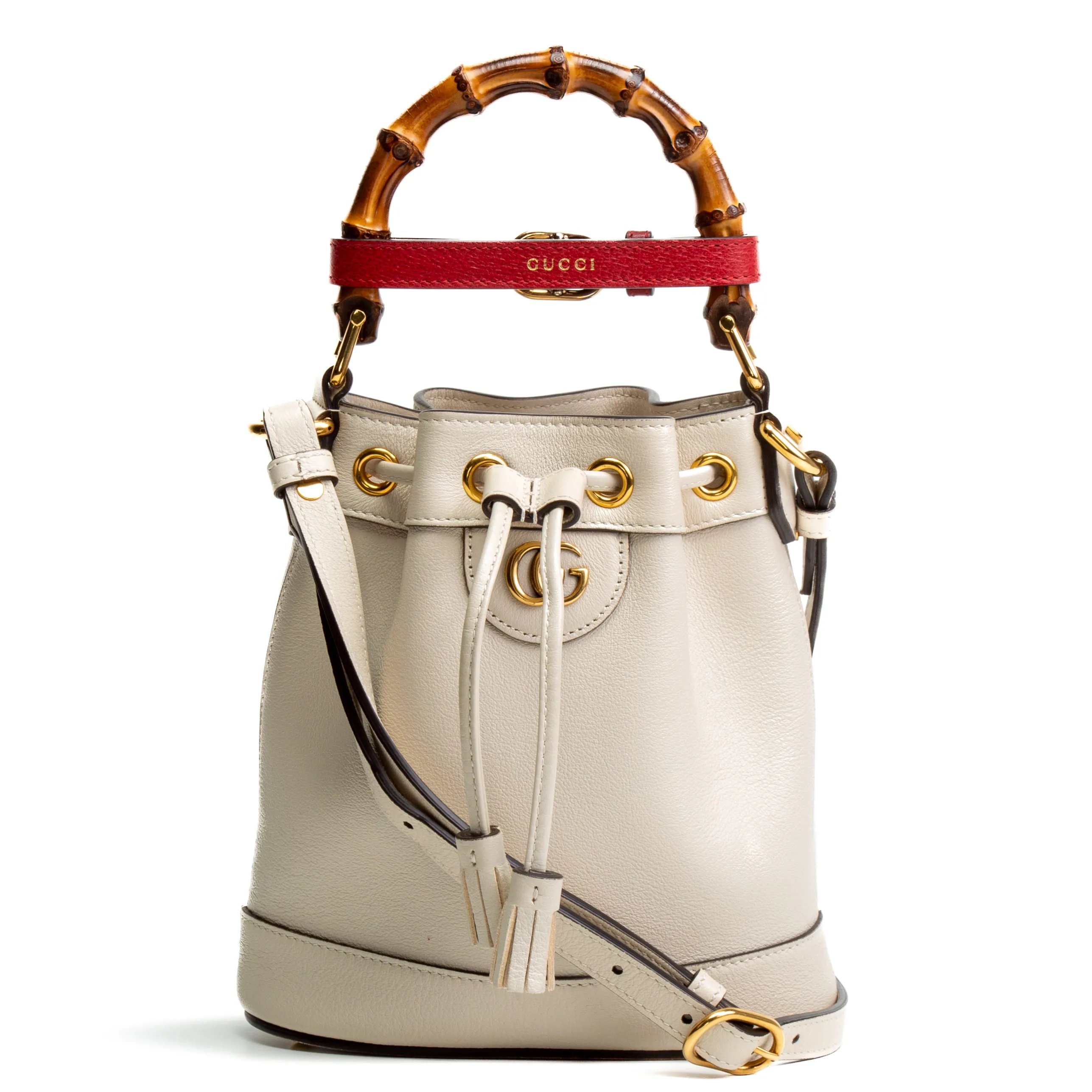 GUCCI Diana Leather Double G Bamboo Mini Bucket Bag - Ivory