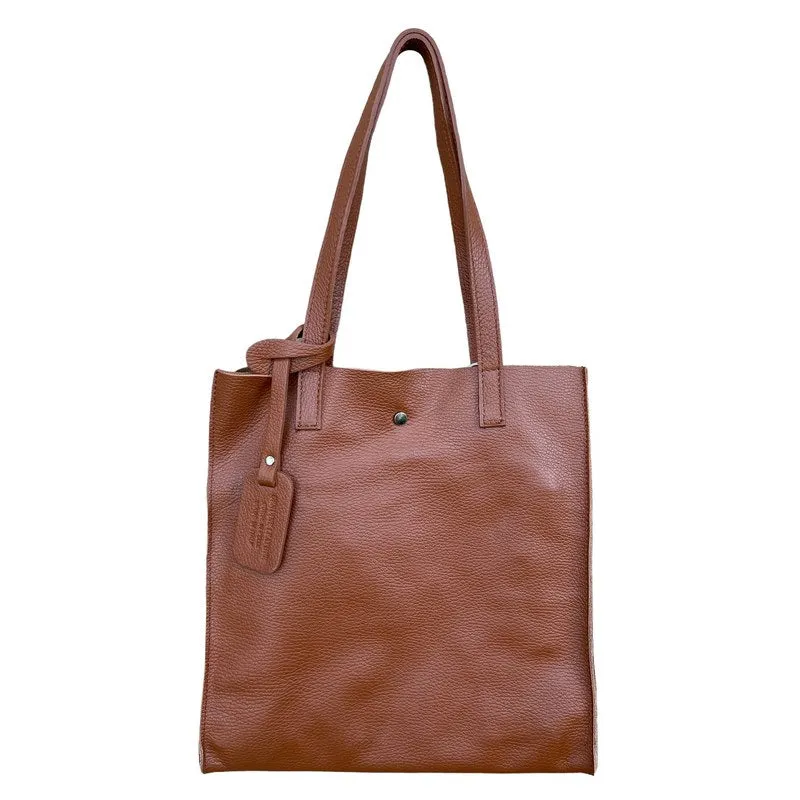 Italian Leather Shopper Tote Bag in Dark Tan