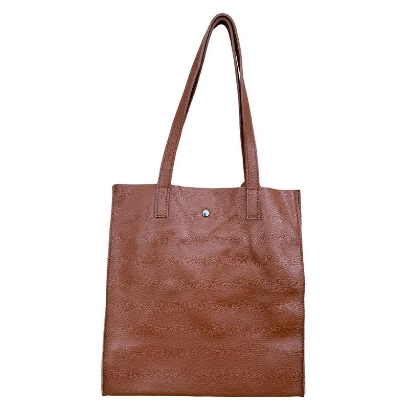 Italian Leather Shopper Tote Bag in Dark Tan