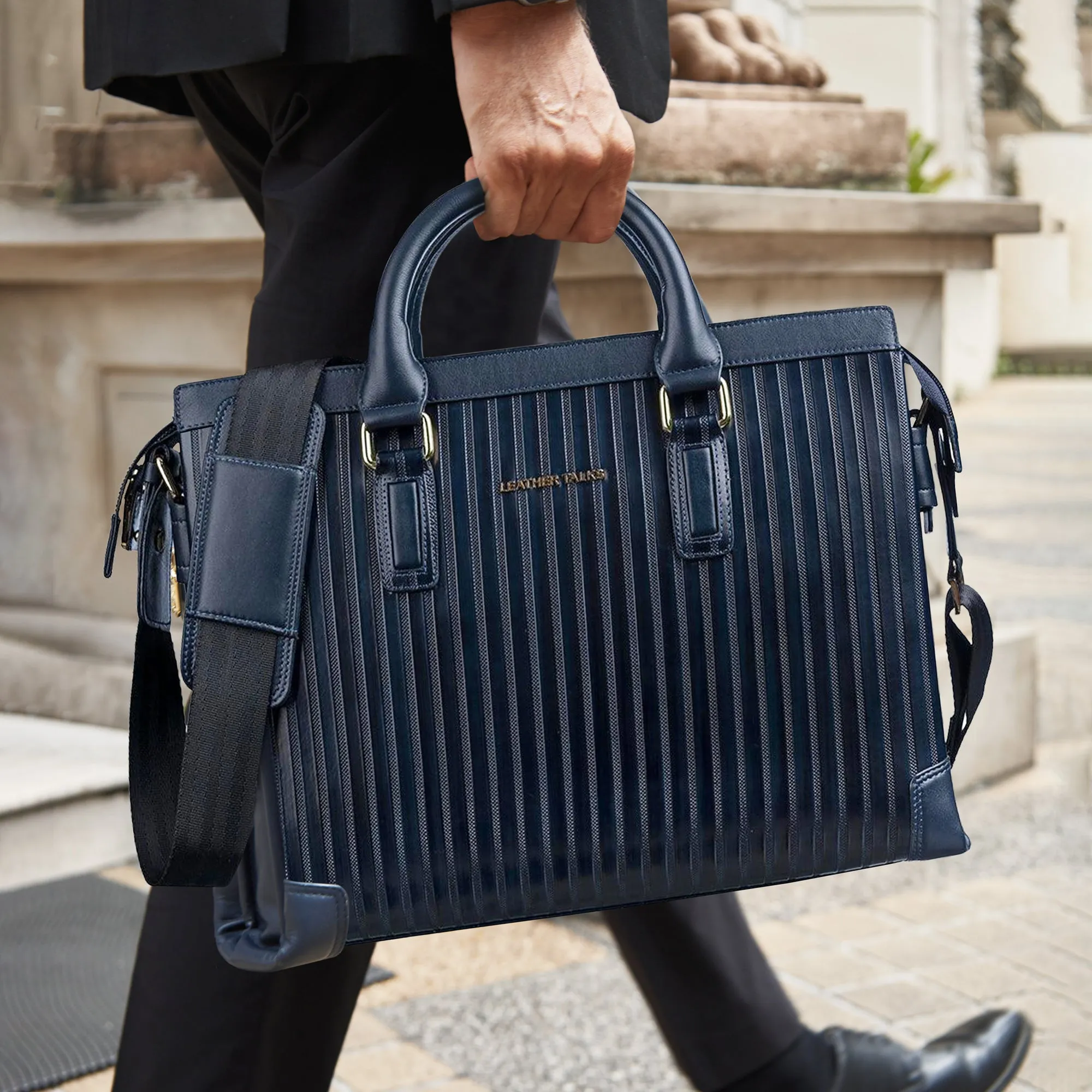 Italian VT Stripe Edgar | Leather Laptop Bag for Men | Color: Navy Blue