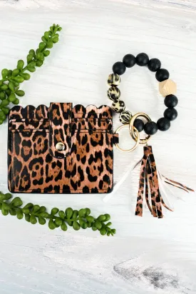 Kaia Leopard Beaded Bracelet Keychain with ID Card Holder