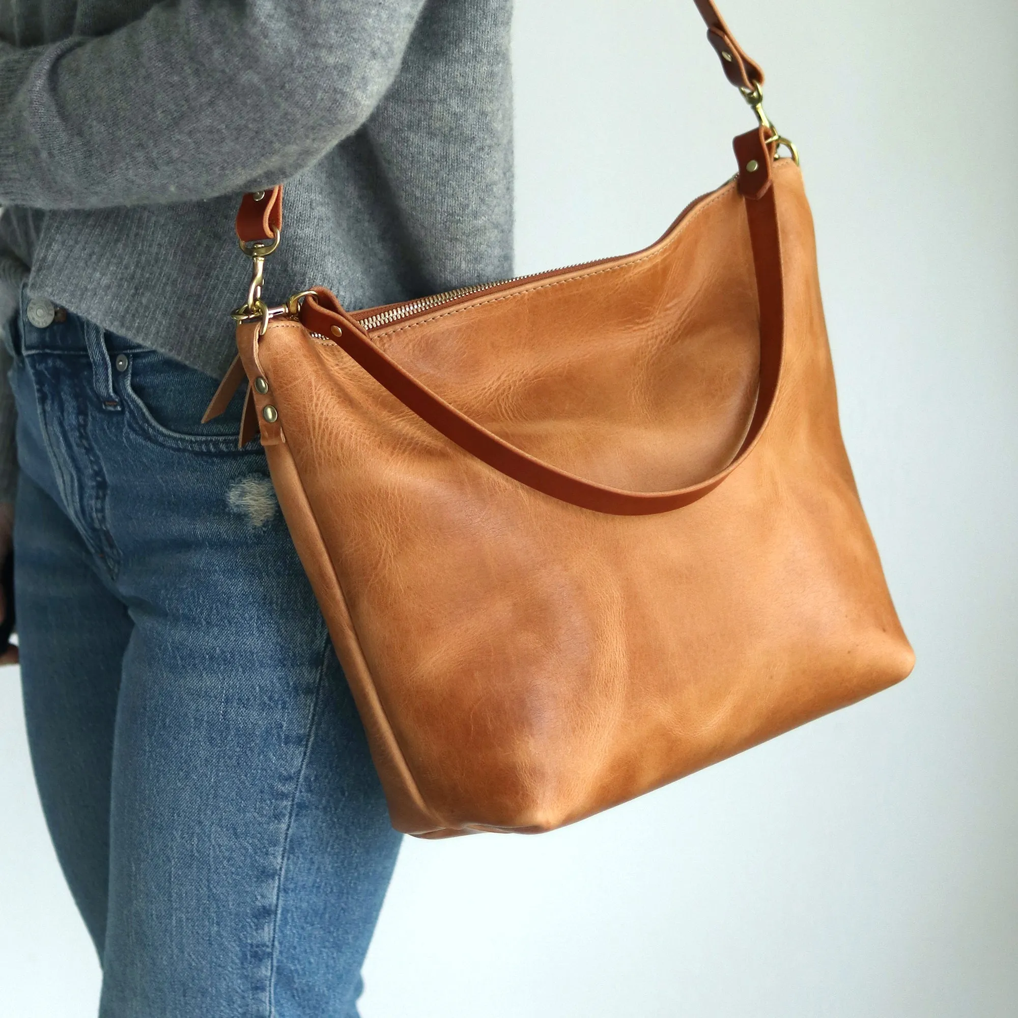 Large Slouchy Hobo Crossbody - Honey Brown Pull-up