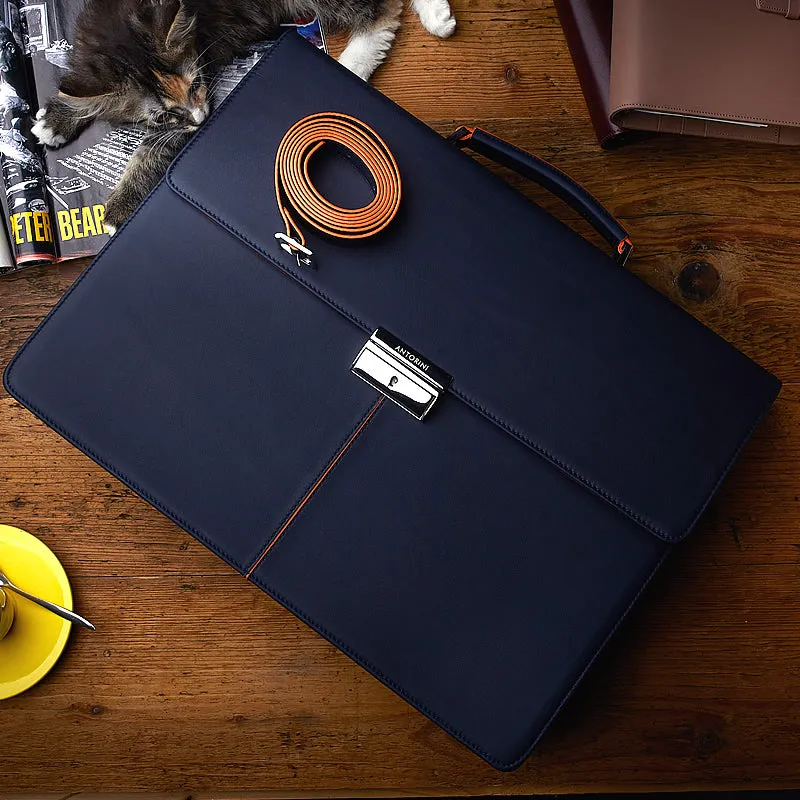 Leather Briefcase in Navy&Orange