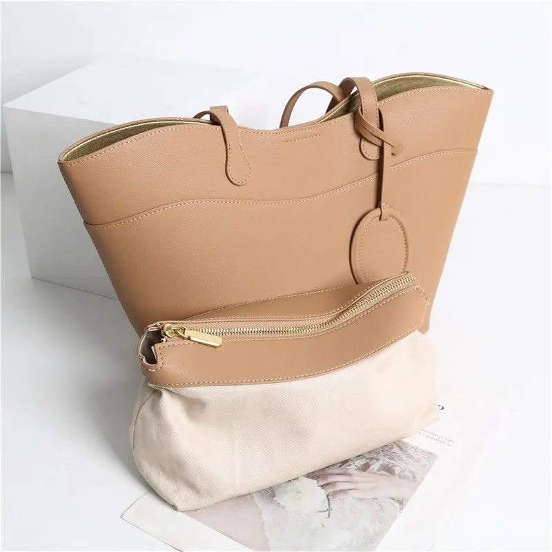 Leather Bucket Shopper Tote Bag with Zipper Pouch for Women