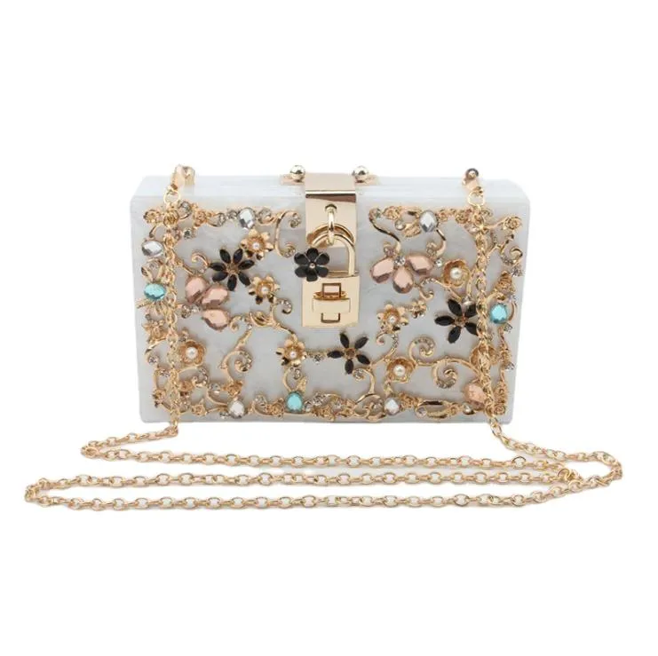 Luxury Trendy Women's Acrylic Box Clutch With Crystal Floral Pattern For Wedding Party