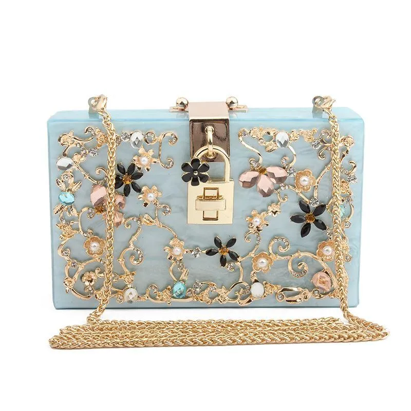 Luxury Trendy Women's Acrylic Box Clutch With Crystal Floral Pattern For Wedding Party