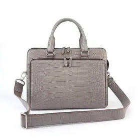 Men's Crocodile  Leather Briefcase with Front Zip Pocket Grey