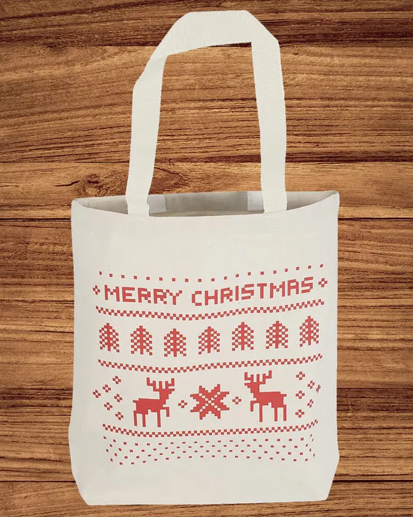 Merry Christmas 8" Mini Canvas Gift Tote Bags w/Gusset