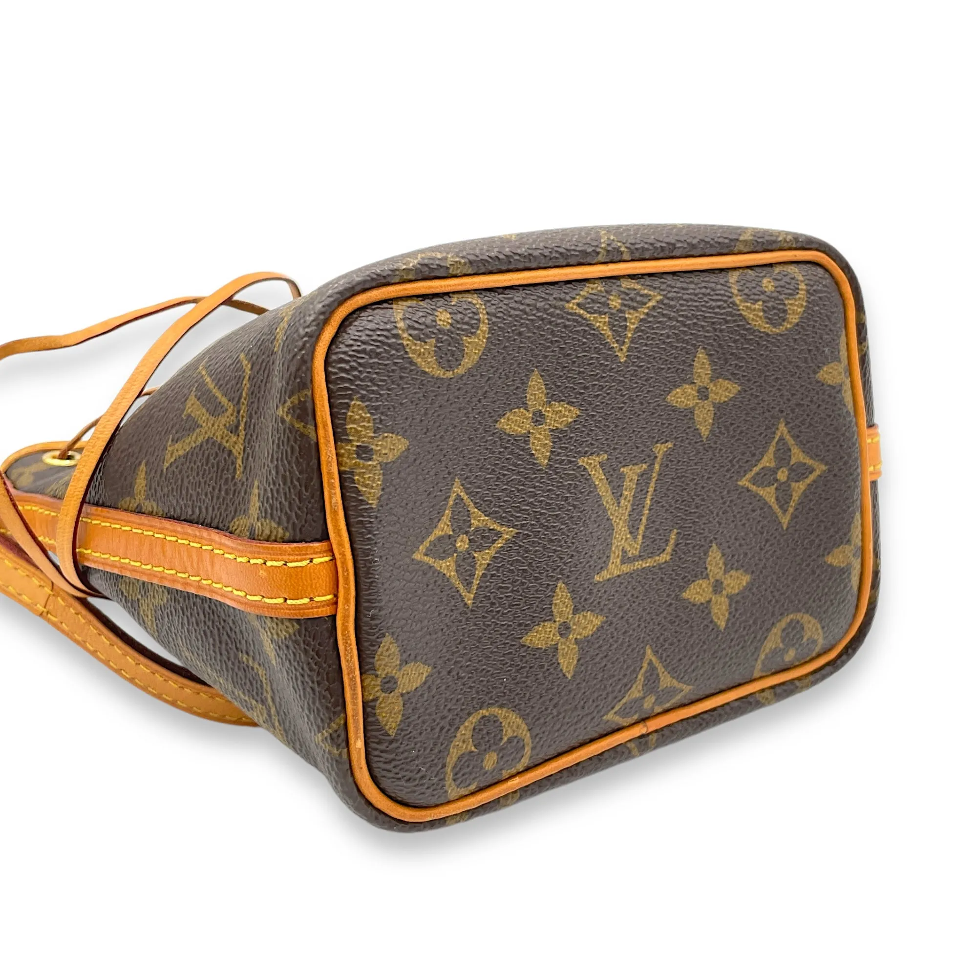 Noe Nano Brown Bucket Bag in Monogram Coated Canvas, Gold hardware