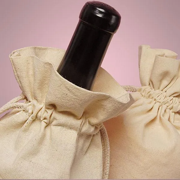 Single Bottle Natural Cotton Muslin Wine Bags with Drawstrings Closure - WB2653