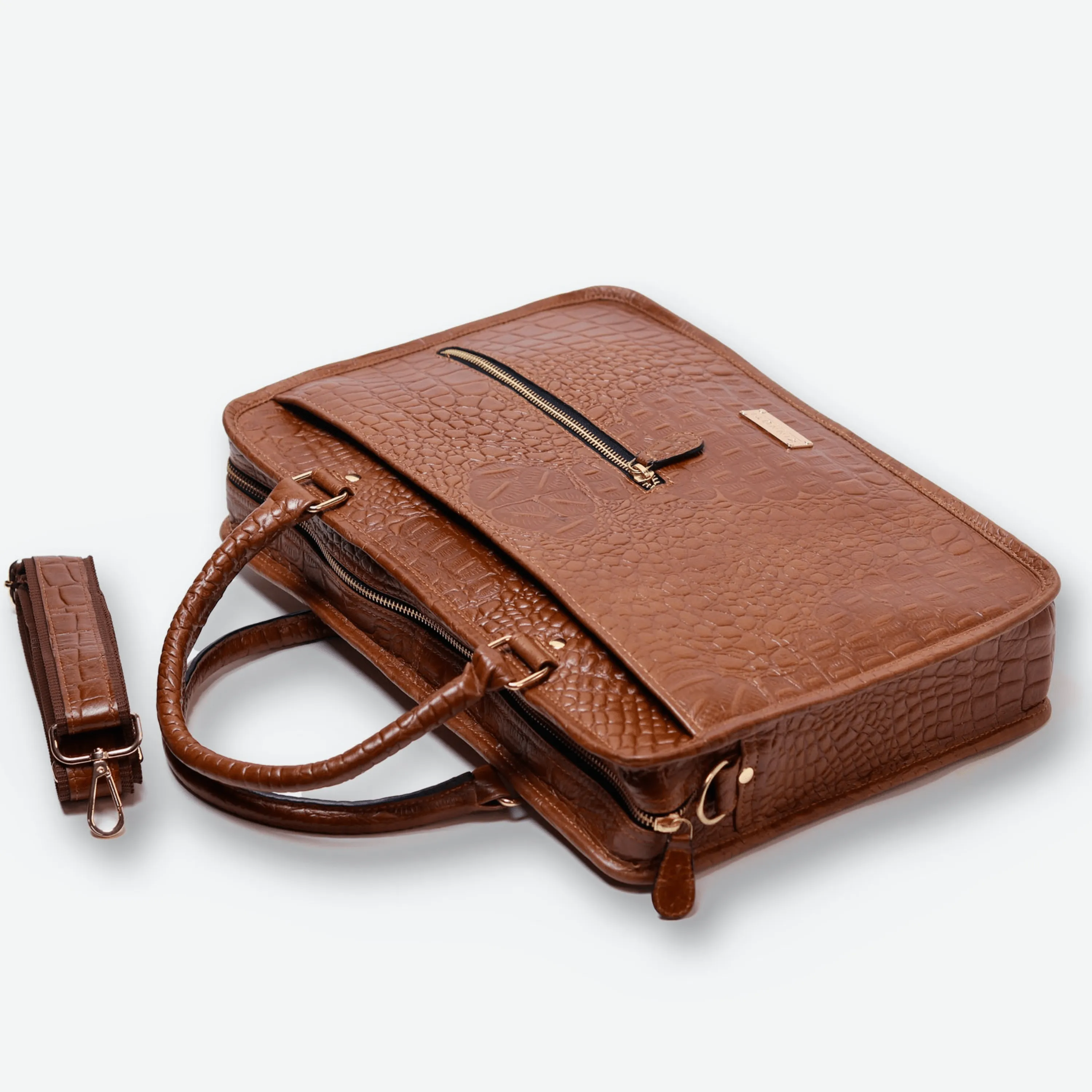 TAN CROCO LEATHER LAPTOP BAG